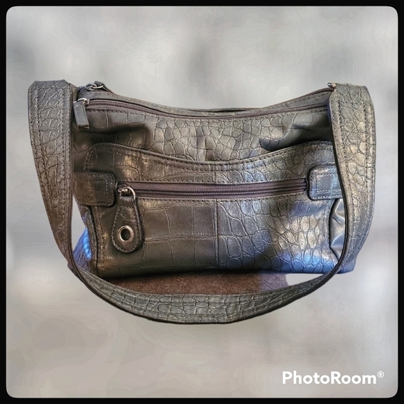 VTG BUENO 1980s Faux Alligator Leather Metallic Hobo Grunge Shoulder Bag - Picture 1 of 10